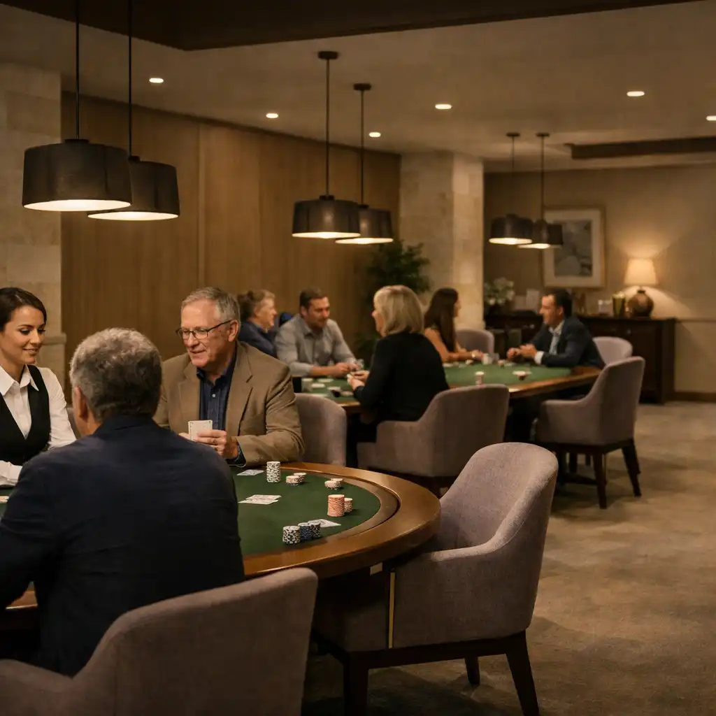 Elegant Card Room with deep moss felt poker tables and guests playing face-to-face