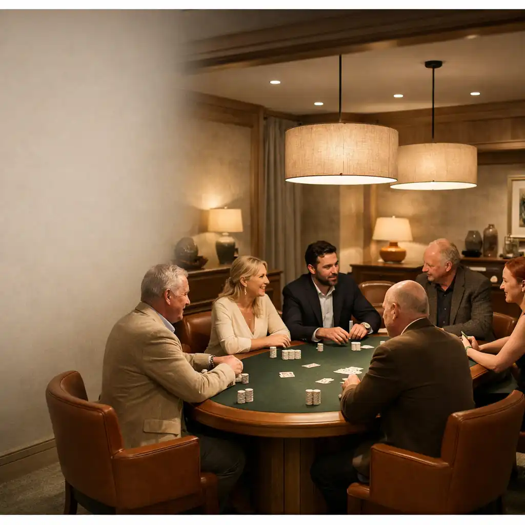 Adult guests seated face-to-face around an oval felt poker table in the Velvet Table House Card Room