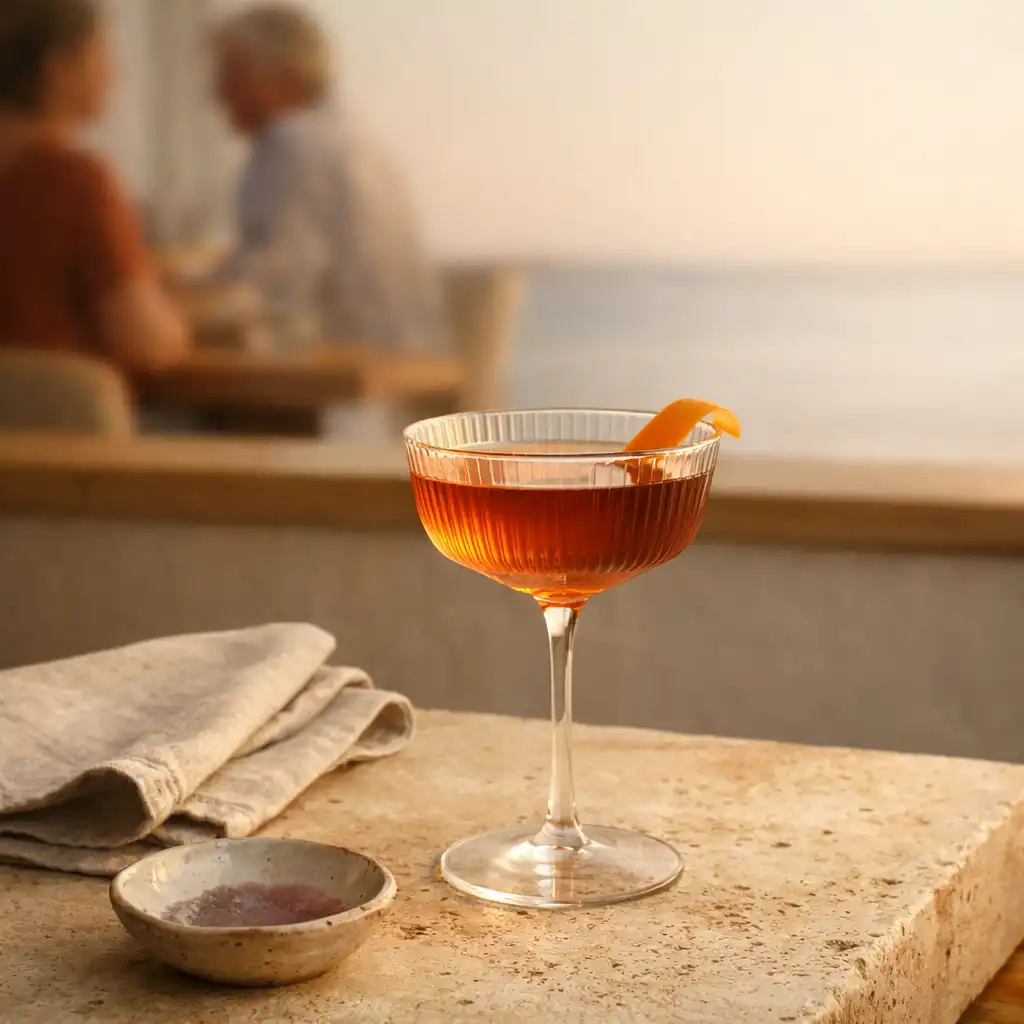 Refined cocktail in fluted glass on travertine with linen and ceramic