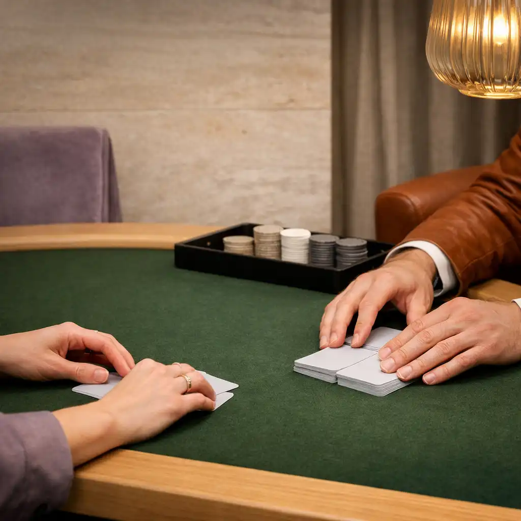 Hands arranging unbranded cards on a deep moss felt poker table beside a pale oak edge.