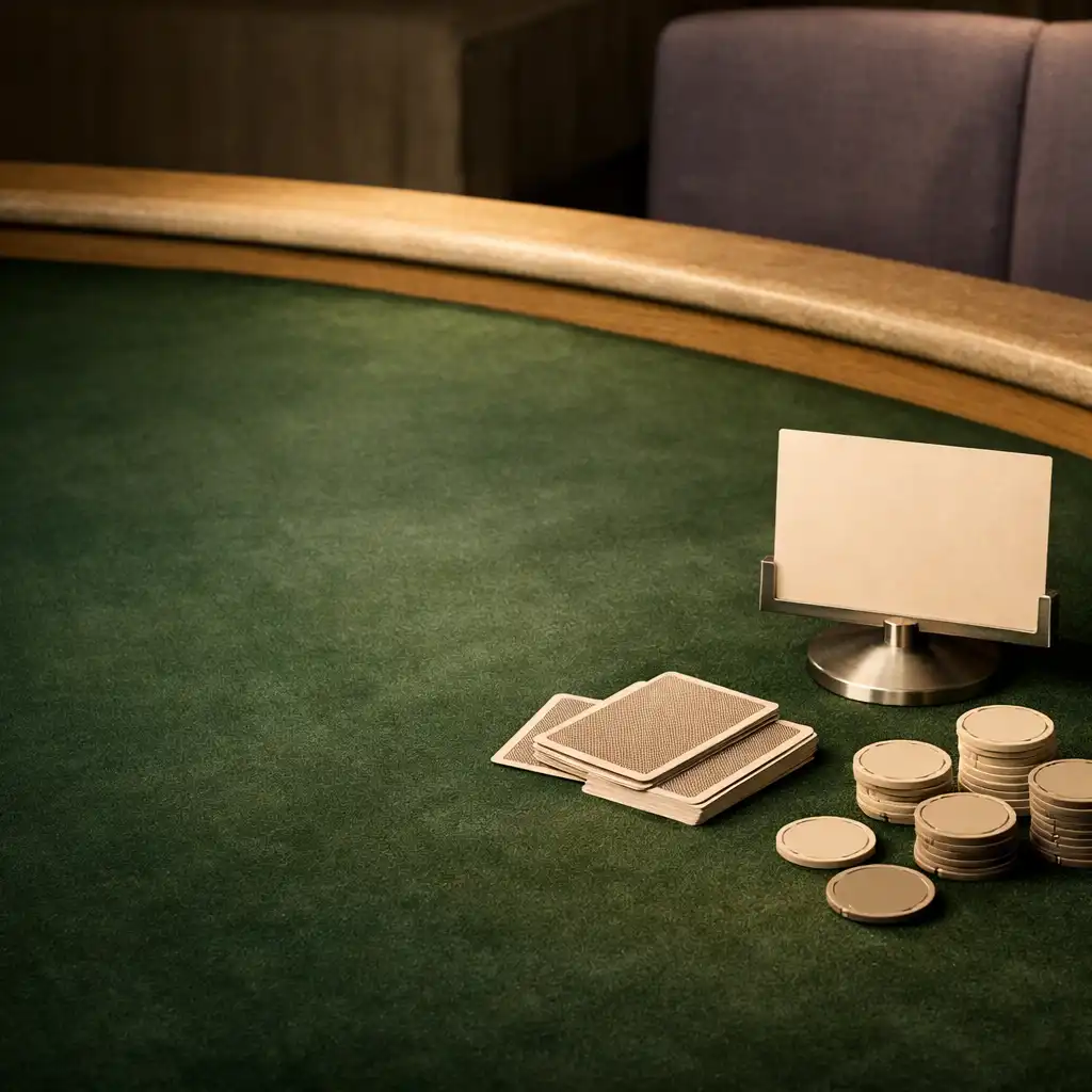 Deep moss felt poker table prepared with a table-number stand, face-down cards and neutral chips.