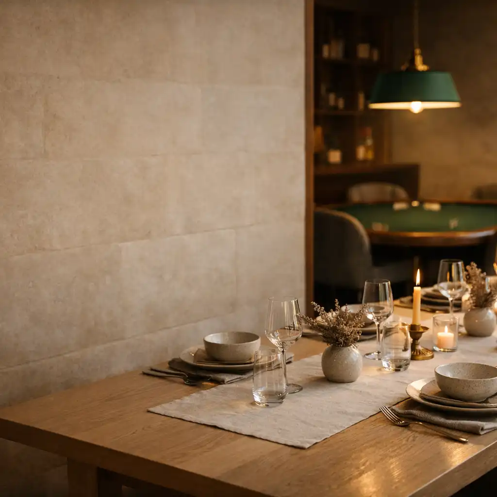 Pale oak dining table leading towards a deep moss felt poker table in Velvet Table House