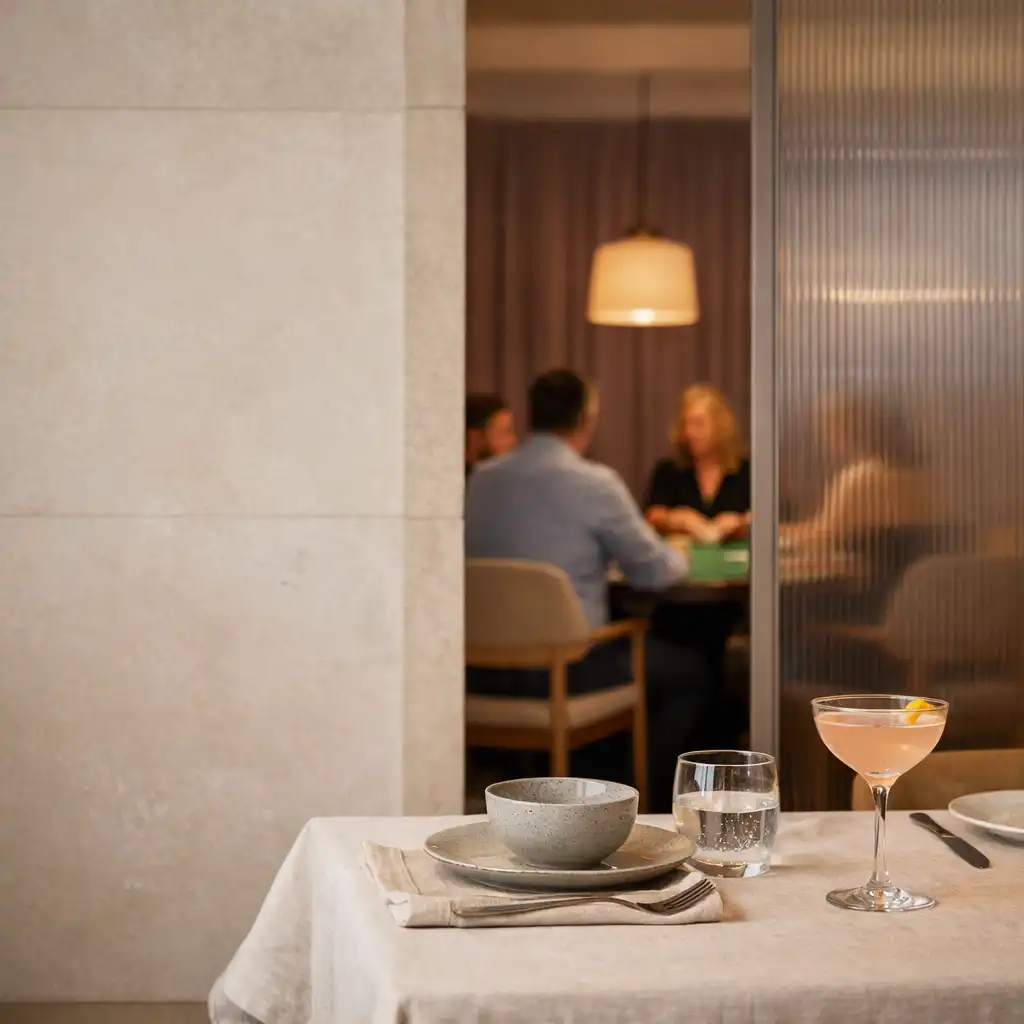 Linen-set dining table and cocktail with a softly lit poker table beyond a fluted-glass threshold