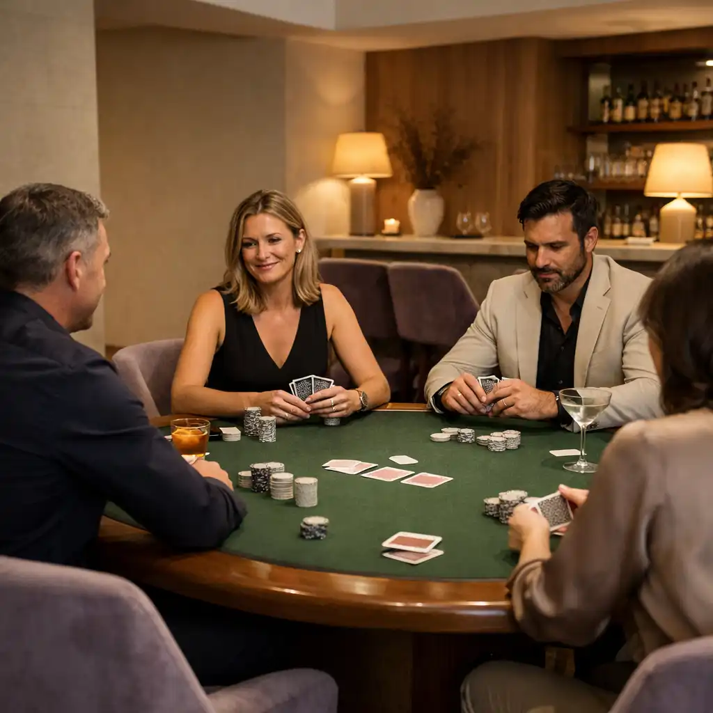 Elegant Poker Lounge with lavender seating and face-to-face players at a physical poker table