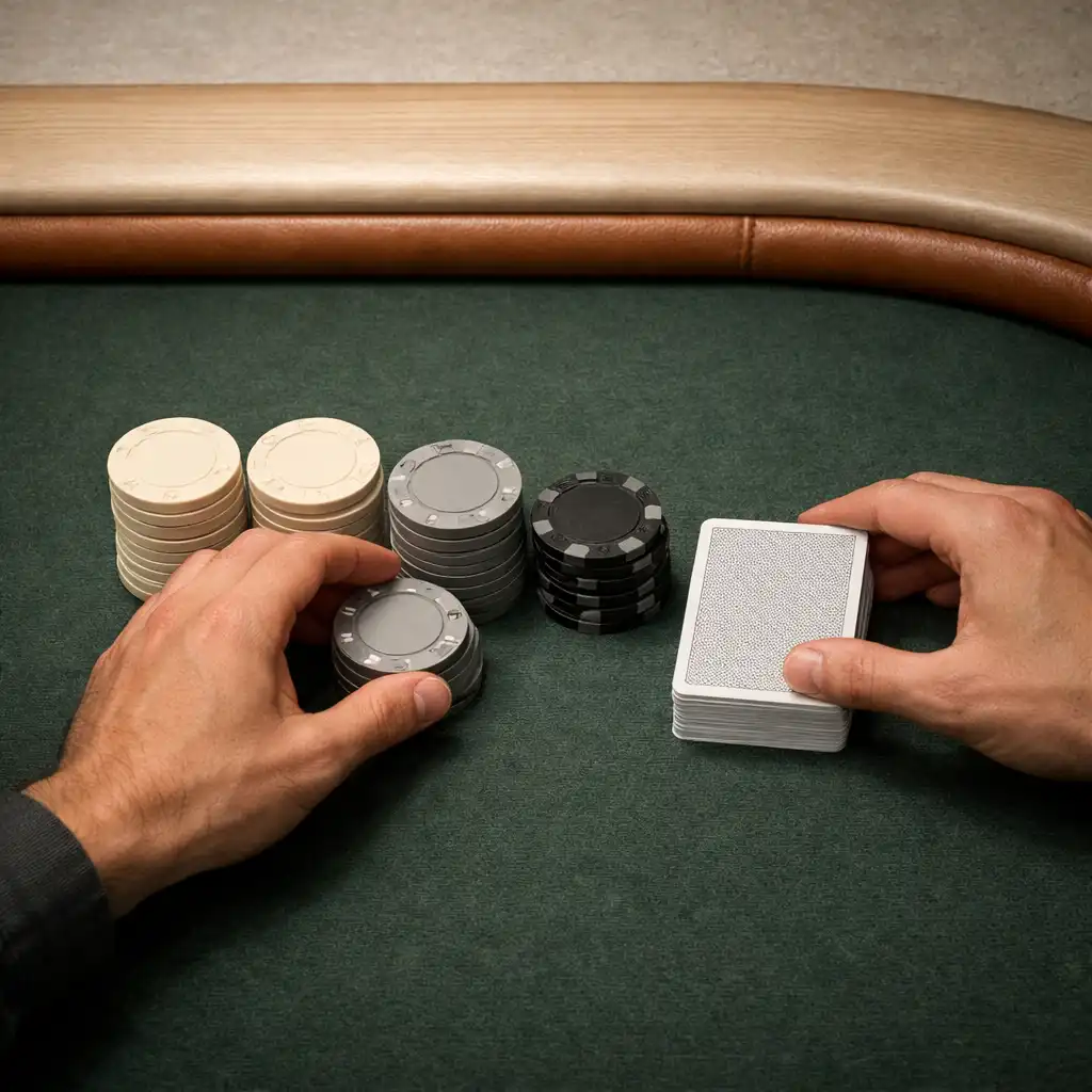 Hands preparing neutral chips and cards on a deep moss felt poker table