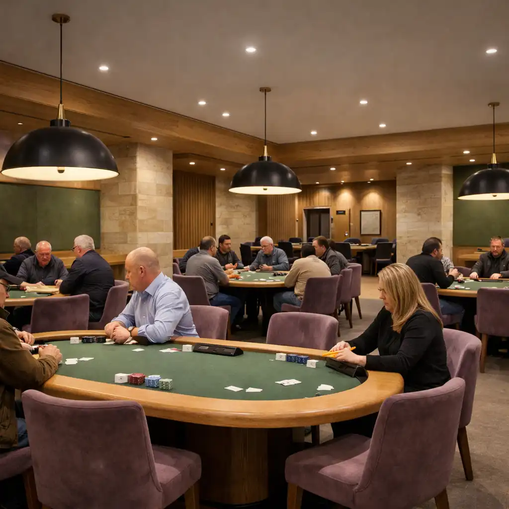 Elegant Card Room with several physical oval poker tables beneath pendant lights