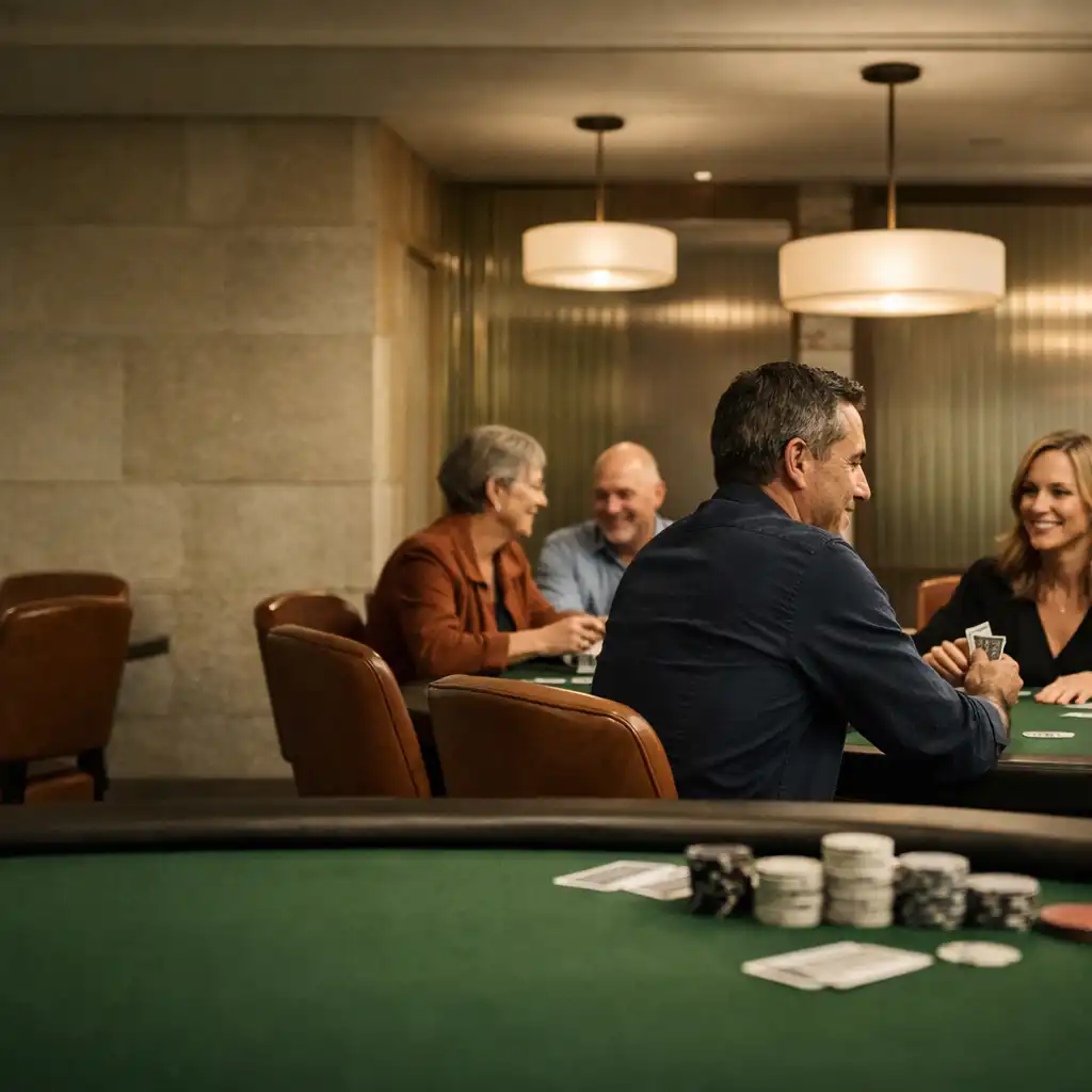 Face-to-face players around a moss-felt table in the Velvet Table House Card Room