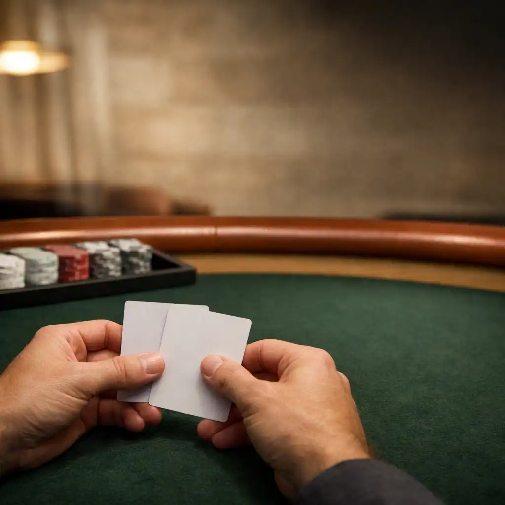Hands holding unbranded cards over deep moss felt beside a pale oak rail and neutral chip tray