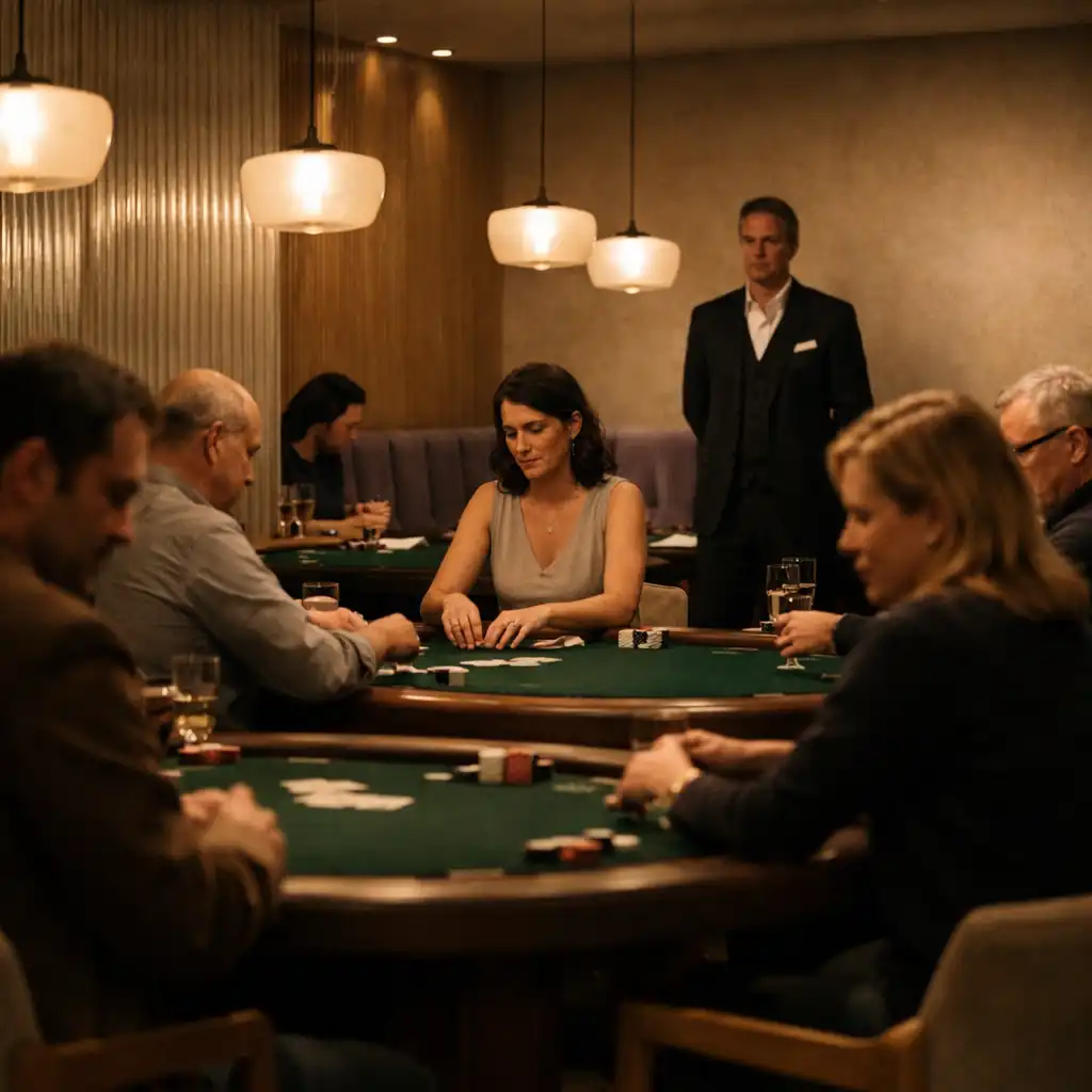 Evening Poker Lounge with guests at physical tables beneath pendant lighting