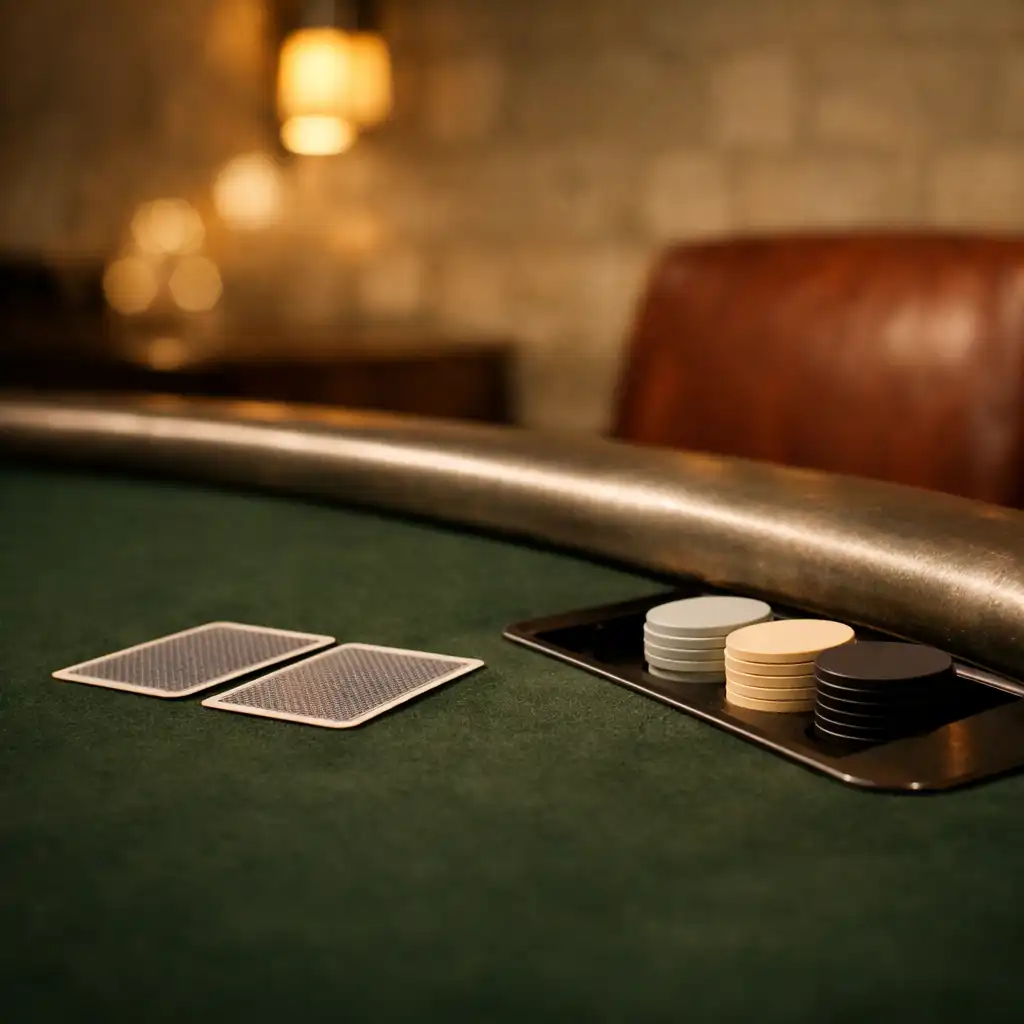Close view of deep moss felt, face-down cards, neutral chips and a leather chair at a physical poker table