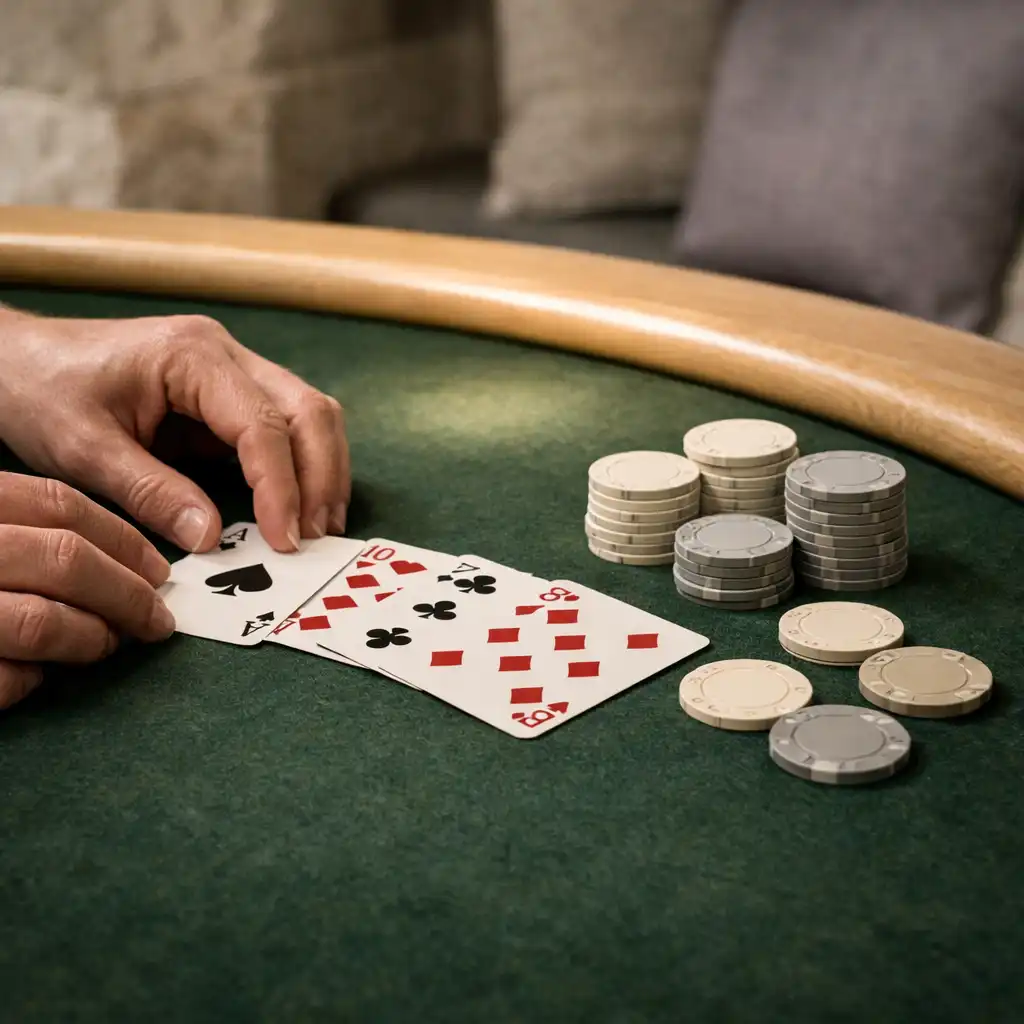 Hands arranging playing cards and neutral chips on a prepared deep moss felt poker table