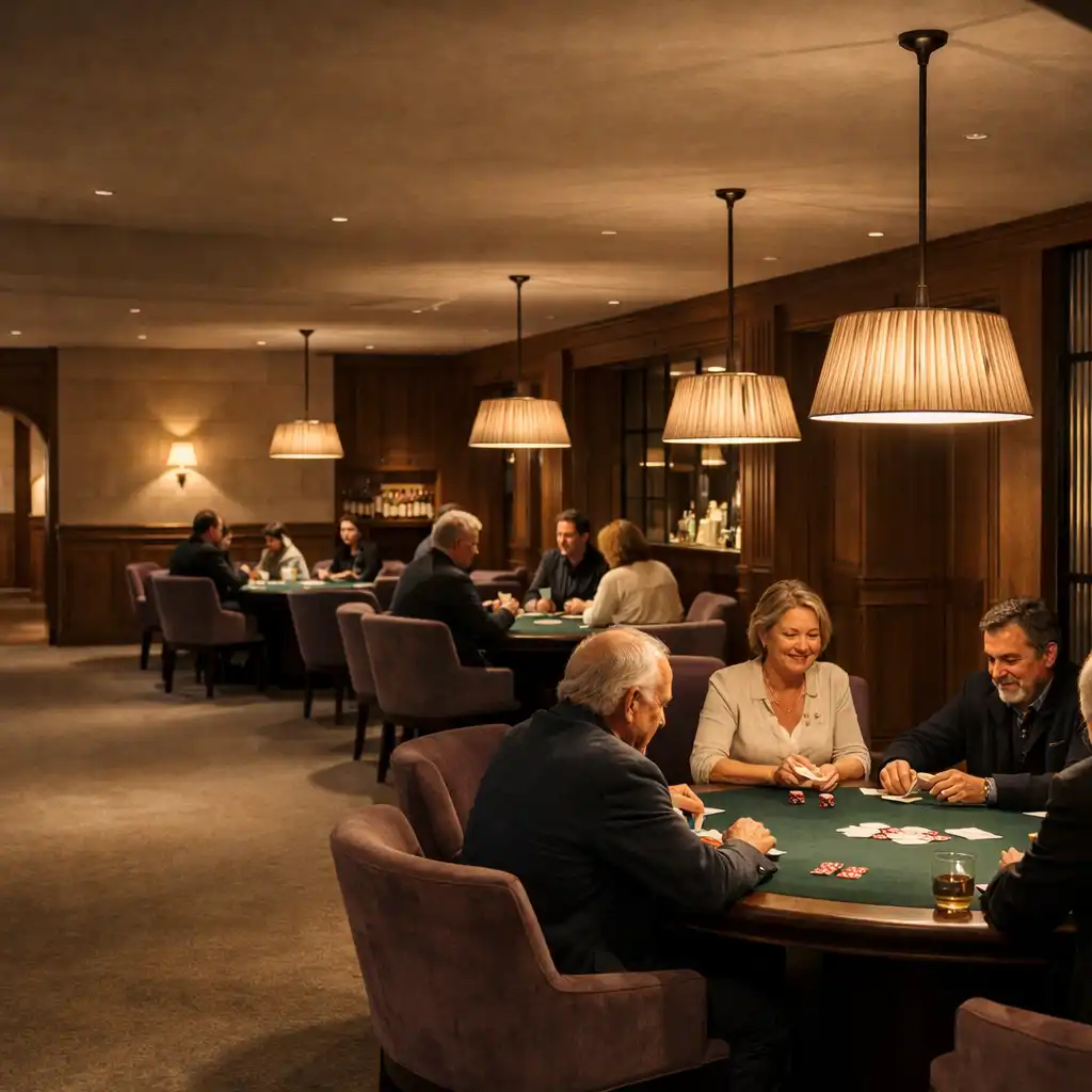 Elegant evening Card Room with physical moss felt poker tables and small groups in conversation