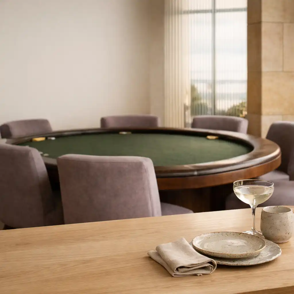 Pale oak dining table leading towards the edge of a deep moss felt poker table