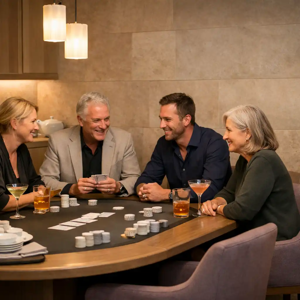 Small group gathered around an oval physical poker table after dinner in a warm hospitality setting