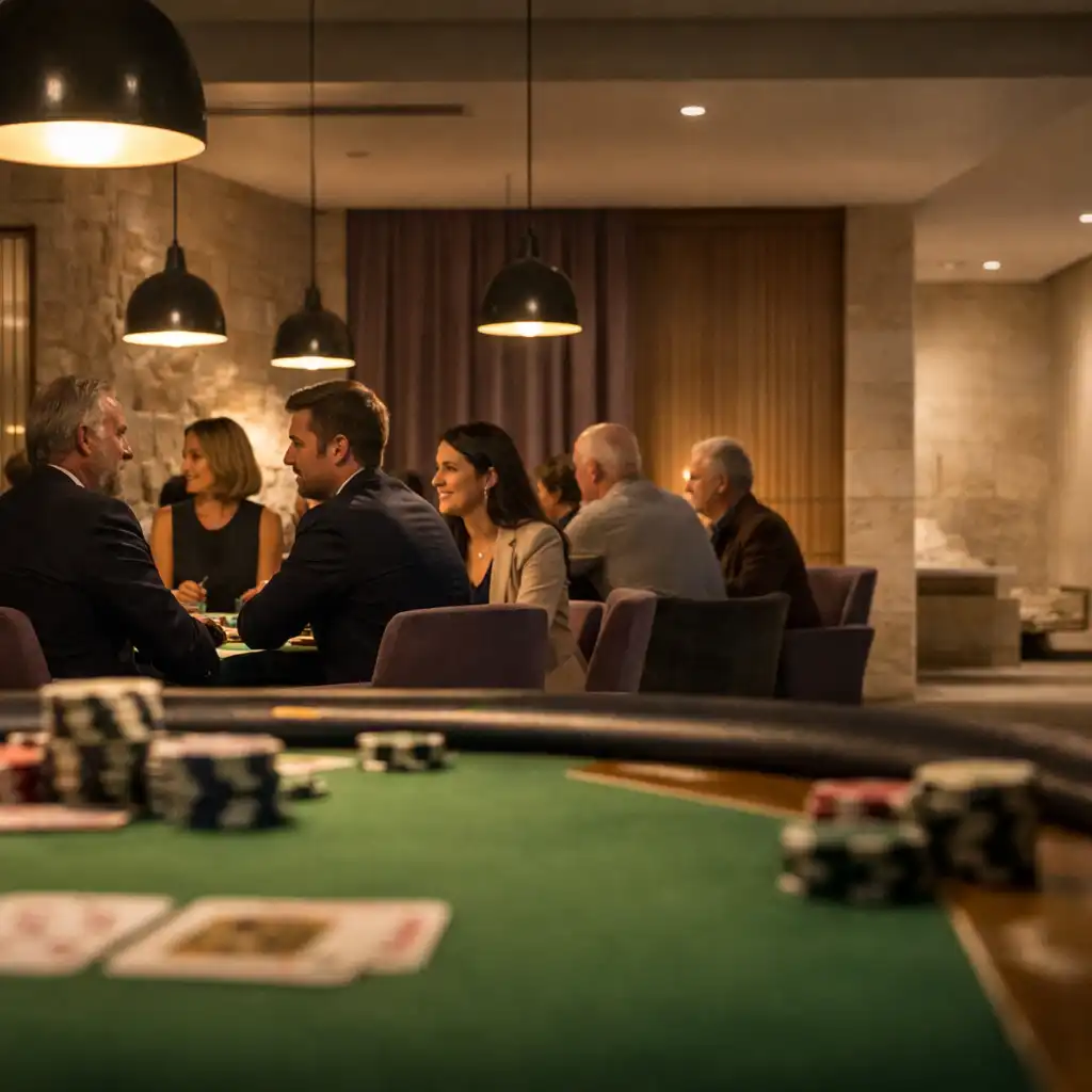 Composed Poker Lounge gathering around real poker tables under warm pendant lights