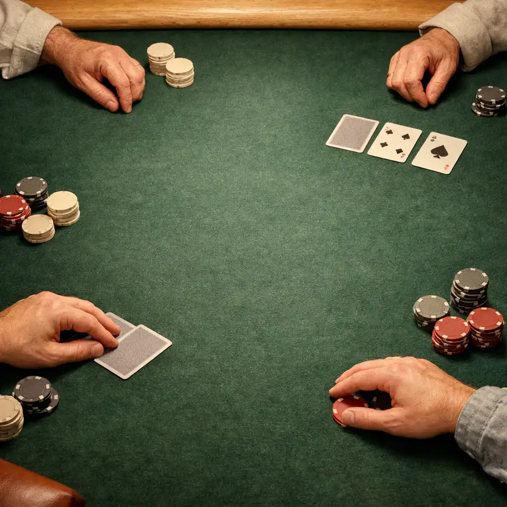 Hands, cards and neutral chips arranged on a deep moss felt physical poker table