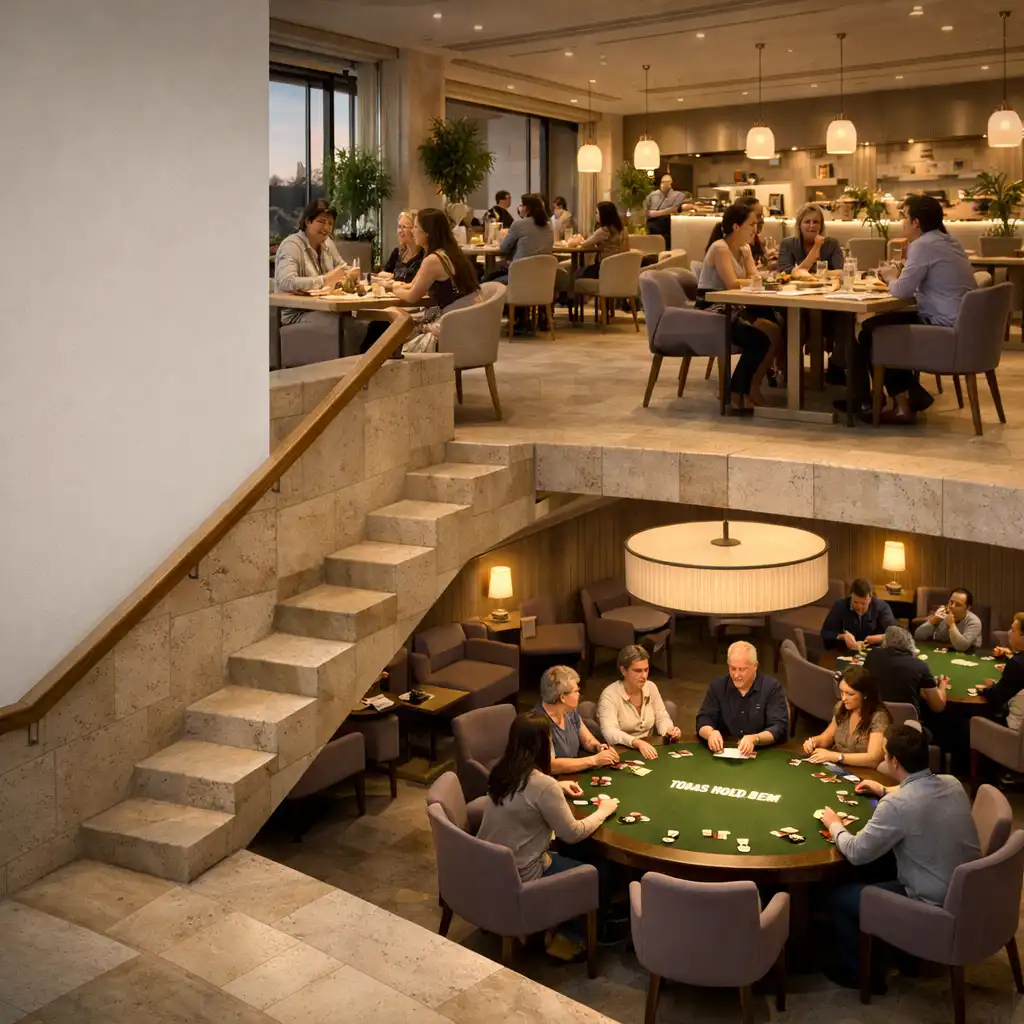 Upper-level dining room above a sunken Card Room with physical poker tables and pendant lighting