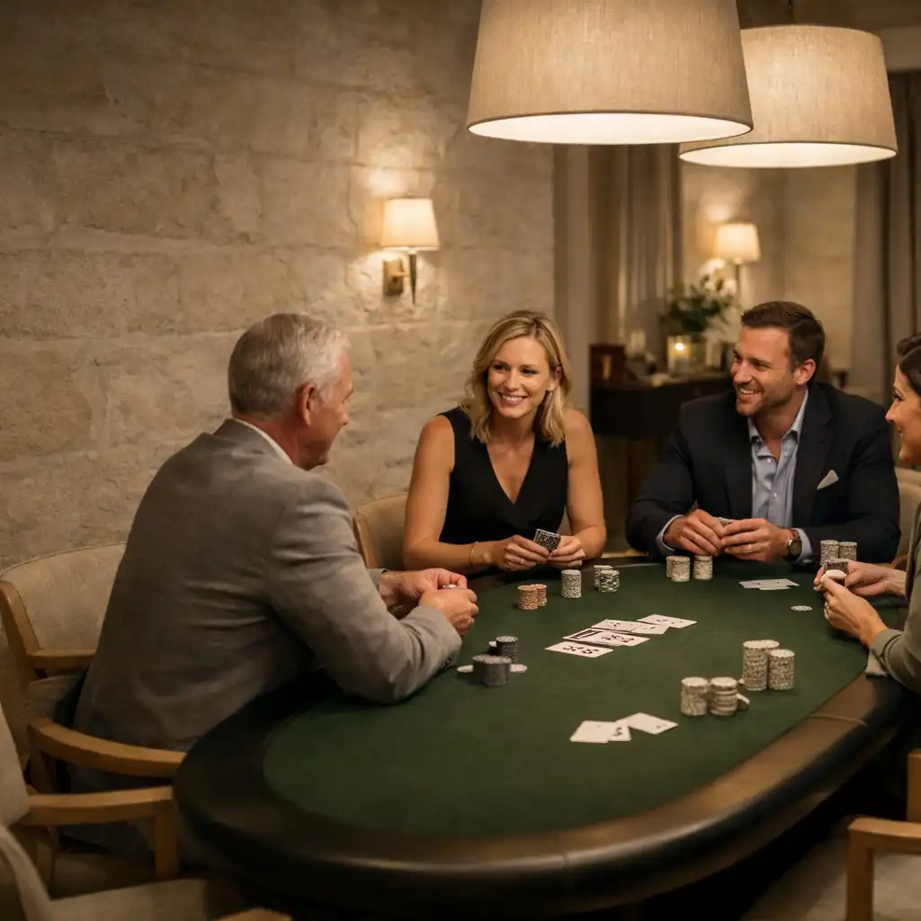 Face-to-face players gathered around a deep moss felt poker table in the Card Room