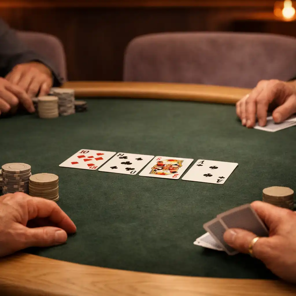 Hands, cards and neutral chips arranged on deep moss poker felt