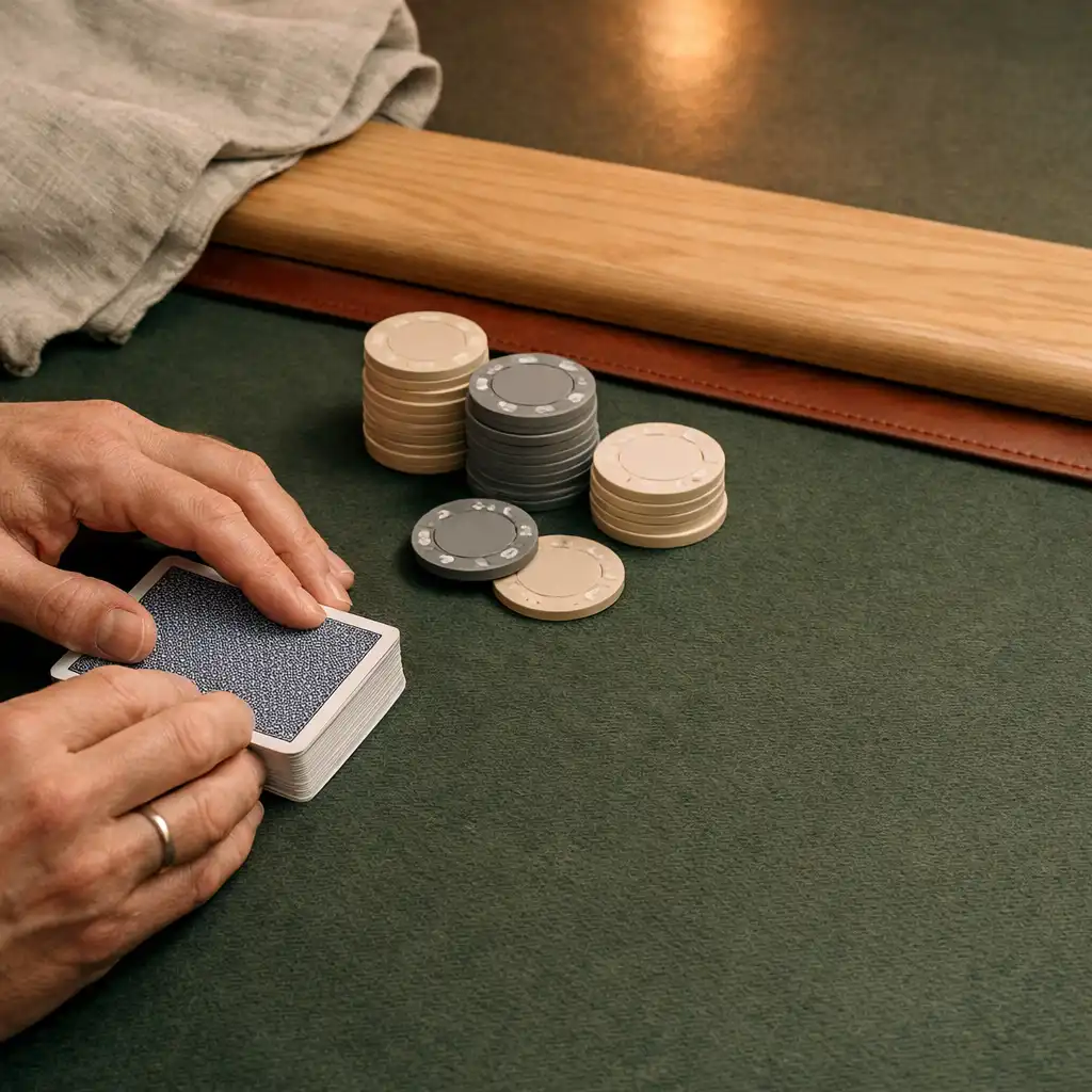Hands preparing cards and neutral chips on deep moss felt beside a pale oak table edge