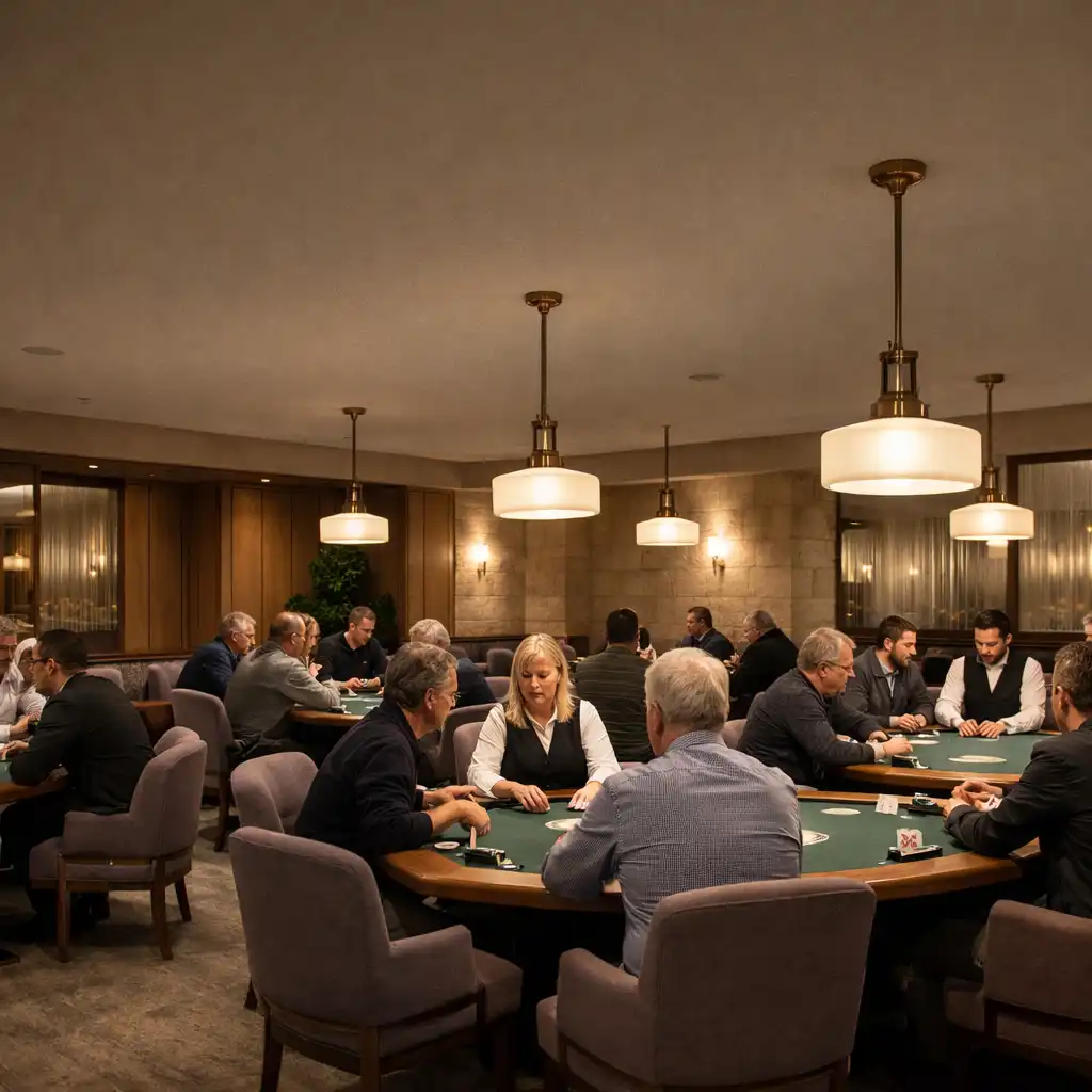 Multiple face-to-face Texas Hold’em tables beneath pendant lighting in an elegant Card Room