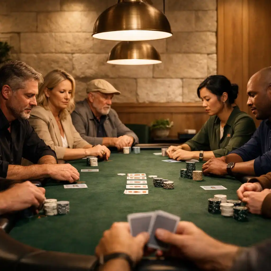 Several adult players focused around a physical Texas Hold’em table under pendant lights